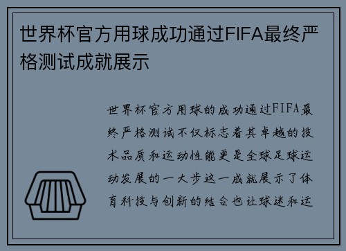 世界杯官方用球成功通过FIFA最终严格测试成就展示