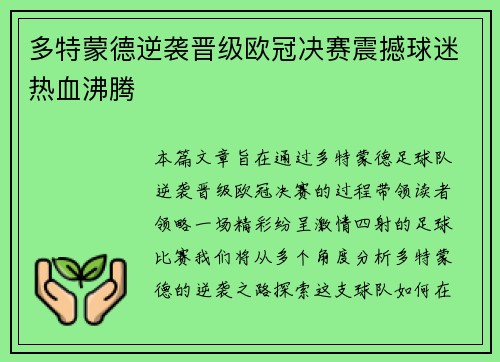 多特蒙德逆袭晋级欧冠决赛震撼球迷热血沸腾
